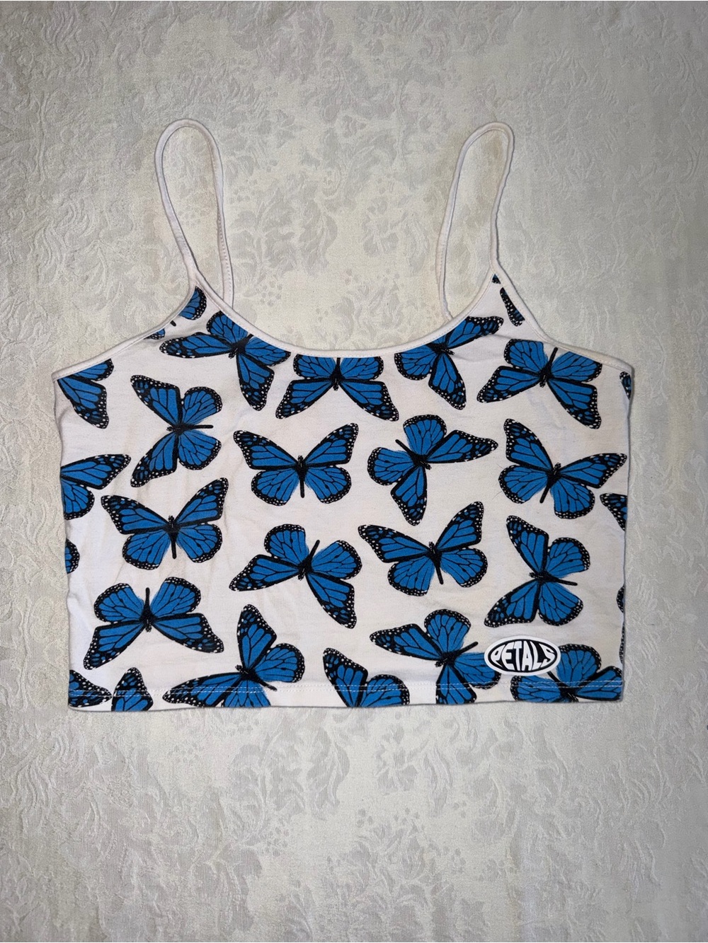 Zumiez Petals and Peacocks Butterfly Effect White Spaghetti Strap Tank Top